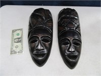 Pair 14" Wooden Wall Masks Carved Decor