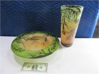 (2) Fancy Glass w/ Metal Inlay 12" Bowl & Vase $$?