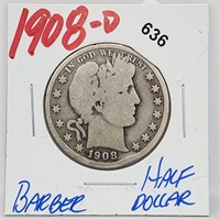 1908-D 90% Silver Barber Half $1 Dollar