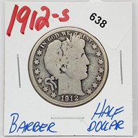 1912-S 90% Silver Barber Half $1 Dollar