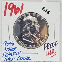 1961 UNC Proof 90% Silver Franklin Half $1 Dollar