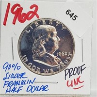 1962 UNC Proof 90% Silver Franklin Half $1 Dollar