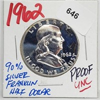 1962 UNC Proof 90% Silver Franklin Half $1 Dollar