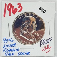 1963 UNC Proof 90% Silver Franklin Half $1 Dollar