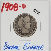 1908-D 90% Silver Barber Quarter 25 Cents