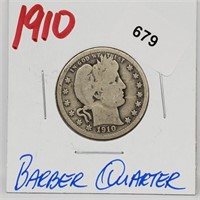 1910 90% Silver Barber Quarter 25 Cents