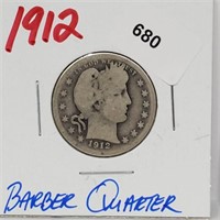 1912 90% Silver Barber Quarter 25 Cents