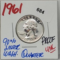 1961 UNC Proof 90% Silver Wash Quarter 25 Cents