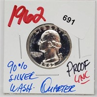 1962 UNC Proof 90% Silver Wash Quarter 25 Cents