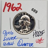 1962 UNC Proof 90% Silver Wash Quarter 25 Cents