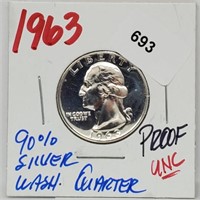 1963 UNC Proof 90% Silver Wash Quarter 25 Cents