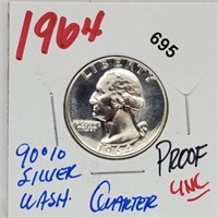 1964 UNC Proof 90% Silver Wash Quarter 25 Cents