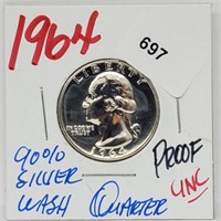 1964 UNC Proof 90% Silver Wash Quarter 25 Cents