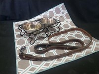 Kitchen mat, pet bowls and leash