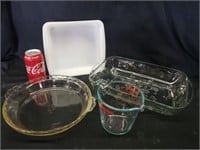 Pyrex measuring cup & pie plate & misc casseroles