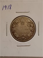 1918 Canada Quarter 25 Cent 92.5% silver coin
