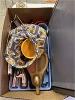Box with bag of clothes hanger clips, silverware