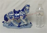 Blue & White Porcelain Horse Figurine ~ 8" Tall