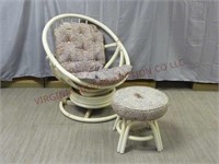 Mid Century Rattan Papasan Swivel Chair & Ottoman