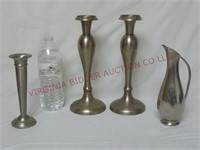 Pewter Candlesticks, Vase & Pitcher