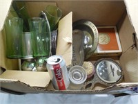 Silver-Plated Dishes, Green Glasses, Cigar Box