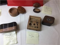 Scale weights, signed handmade trinket box,
