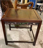 Oriental Chinese side table, carved design apron,
