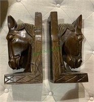 Pair of horse bookends, carved heavy wood large