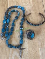 3 pieces of turquoise jewelry, silver and
