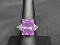 .925 Sterling Silver Large Purple Stone Ring