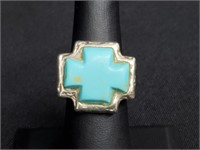 .925 Sterling Silver Turquoise Cross Ring
