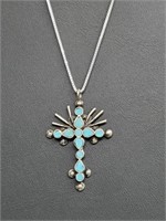 .925 Sterl Silv Turquoise Cross Pendant & Chain