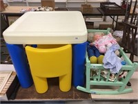 Child's Plastic Table & Chairs, Cradle, Dolls