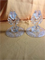 Two etched glass candleholders