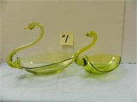 (2) Yellow Glass Swans, (1 is Tiffin)