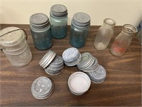 Collection of Vintage Mason Jars, Milk Jars, Lids