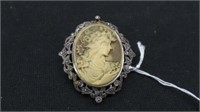 STERLING SILVER AND MARCASITE CAMEO BROOCH 2.25"