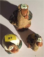 Folk art 3 clay turtles, largest is 4.5" tall