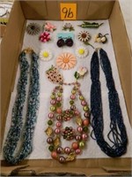 Flat Of Vintage Metal Floral Pins & Misc Necklaces