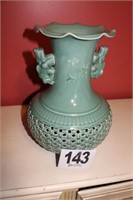 Large Green Ceramic Vase with Fluted Top, 17”