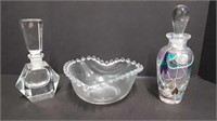 2 GLASS SCENT BOTTLES + CANDLEWICK HEART DISH