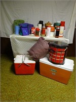 Assorted Thermoses, Coolers, Sleeping Bag
