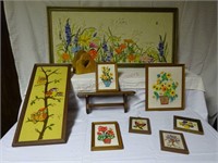 Framed Crewel Embroidery Items & Wood Shelf