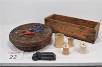 Cheese Box, Wooden Spools & Basket w/ Lid