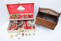 Wooden Sewing Box & Jewelry Box of Costume Jewelry
