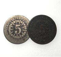 (2) 1868 Shield Nickels with Rays