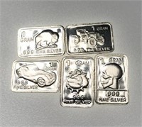 (5) 1g Fine Silver Bar - Assorted Designs