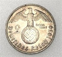1939 Silver Third Reich 2 Reichsmark Coin