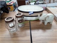 2 Candle Jar Votives, 12" Basket & Stone Elephant