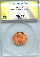 1995 Double Die Lincoln Cent - ANACS MS-66 Red,